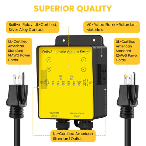 Ortis automatic vacuum switch, yellow faceplate and black housing, dual 220VAC tool and vacuum outlets