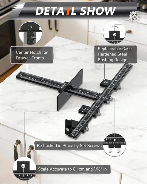 Aluminum Cabinet Hardware Jig With Center Punch on a kitchen countertop demonstrating adjustable guide features.