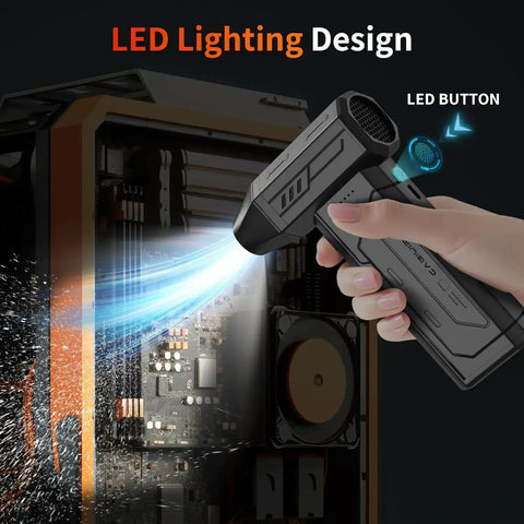 Person using Powerful 130000 RPM Cordless Air Duster With LED Light, 3 Gear Adjustable Mini Blower on computer component