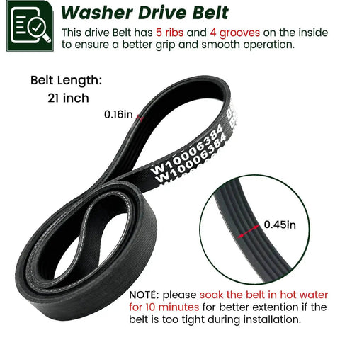 Washer drive belt, side view, 21-inch black ribbed belt with 5 ribs and 4 grooves; compatible with Whirlpool/Kenmore/Maytag washers