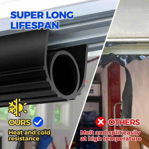 Weatherproof EPDM Garage Door Seal For Bottom Weather Stripping Kit 22 Feet Black Five Sixteenth Inch T End Four And One Eighth Inch Wide Holikme Flexible Durable Weather Resistant shown installed with comparison to inferior product.