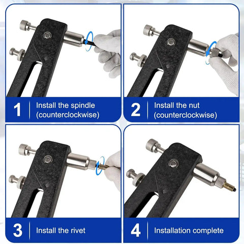 Rivet Nut Tool Kit With 430 Piece Metric Rivnuts Set M3 M4 M5 M6 M8 usage instructions, showing step-by-step installation process.