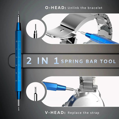 Blue 2-in-1 spring bar tool for the Pro Grade All In One Watch Repair Kit With Cap Opener, removing straps and links, 2025 edition.