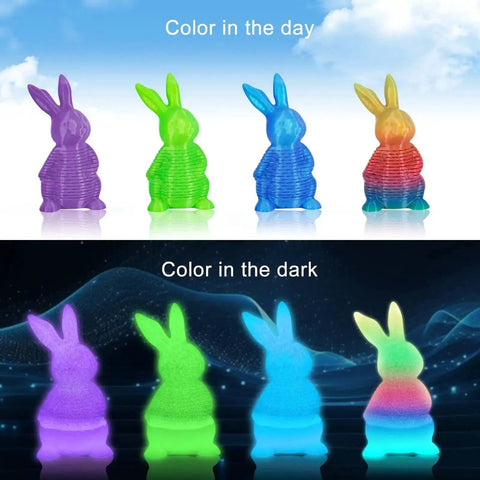 Glow In The Dark 3D Printer Filament Bundle Multicolor PLA 1.75mm 250G X 4 Pack, showing color change in daylight and darkness.