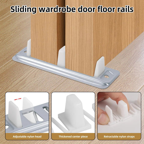 4 Pack Sliding Closet Door Floor Guides Bypass Bottom Track Rails Set With Metal Base Plastic Plates And Screws For Doors From Three Quarter Inch To One And Three Eighths Inch Thick Easy Install And Smooth Glide, showing product installation.
