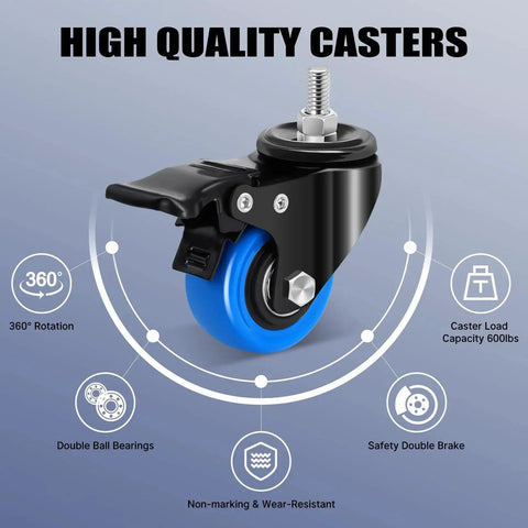 2 Inch Heavy Duty Threaded Stem Caster Wheels Set Of 4 With 3/8-16 Threaded Screws, Dual Locking Swivel Casters, 150 Lb Per Caster