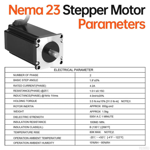 Nema 23 Stepper Motor 2 Phase 1.8 Degree Beefy Torque Bipolar 3.5Nm motor with electrical parameters table and mounting frame.