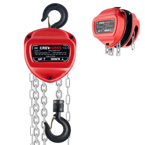 Front view of 1 Ton Hand Chain Hoist With 20 Ft Lift G80 Chain And Double Guide Wheels, featuring a robust red housing and steel chain.
