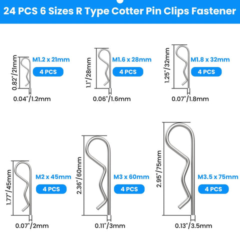 R Clip Hair Pin Fastener Kit For Bolts And Hitch Pins 24 Pcs Zinc Plated Steel R Clips 6 Sizes Built To Last Tough As Nails