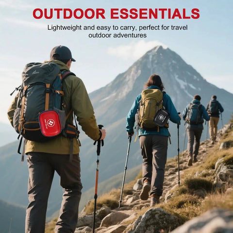 Hikers with backpacks, using Go-To 185-Piece Waterproof First Aid Kit For Home Car Travel Camping And Outdoor Adventures, red and black cases.