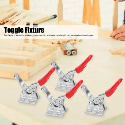 Built Tough 4 Piece Heavy Duty Toggle Clamps Set With Quick Release Vertical Fixture, glossy red handle, wood background