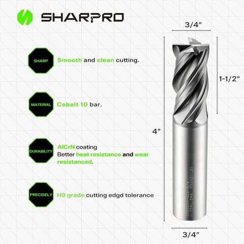 Three Quarters Inch Shank Carbide Square End Mill For CNC Machining, 4 Flute, AlCrN Coated, Heat Resistant for Alloy Steel