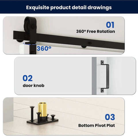 Bifold Barn Door System 72x84 Inches White MDF sliding hardware, showing 360-degree rotation, door knob, and bottom pivot plate.