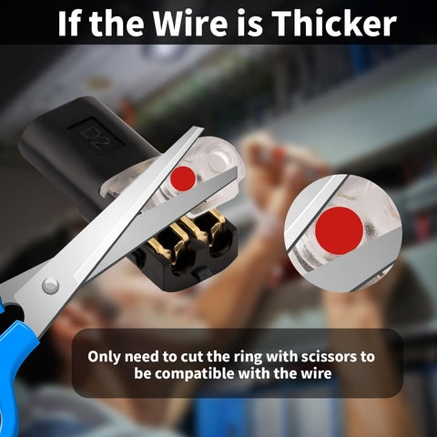 Two-pin quick-splice wire connector for 12V lighting, black housing with brass contacts; red marker and scissors shown.