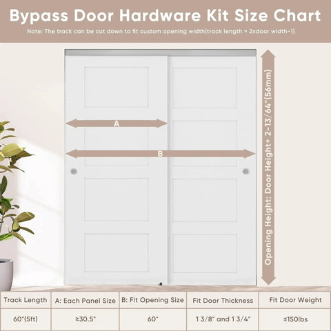 Heavy Duty Bypass Door Hardware With Soft Close For Two Sliding Closet Doors, 60 Inch Track chart showing size and fit details