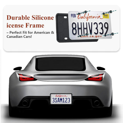 Silicone License Plate Frame 2 Pack For Cars And SUVs, Universal Black Plate Holder, Rustproof Weatherproof, Anti Scratch Protector, No Fuss Easy Install For Men And Women installed on a car showing California license plate.