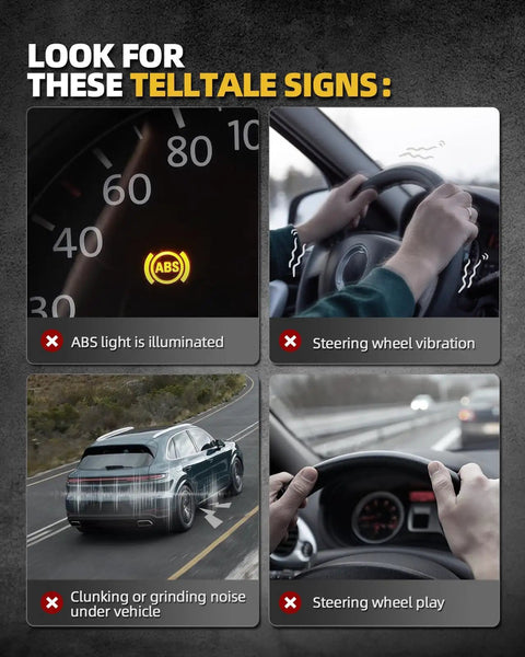 Telltale signs of wheel hub issues: ABS light on, steering wheel vibration, clunking noise, steering wheel play.