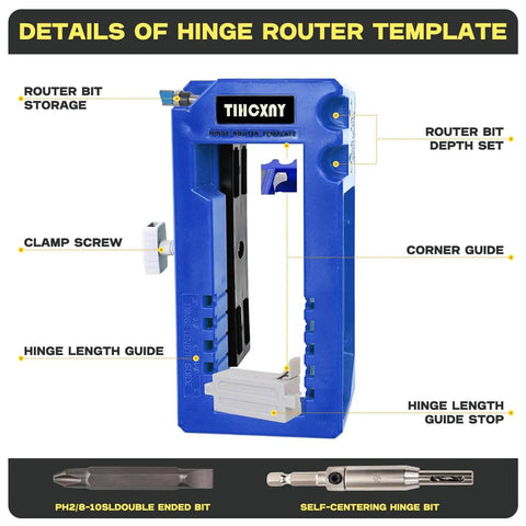 Blue Door Hinge Jig And Router Template For 3 To 5 Inch Hinges showing detailed features like clamp screw and bit storage.