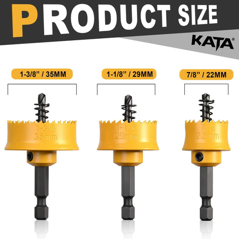 Heavy Duty Impact Hole Saw Set for Plumbers 3 Piece Thin Wall Kit With 7/8 Inch, 1-1/8 Inch, 1-3/8 Inch Holes shown in display