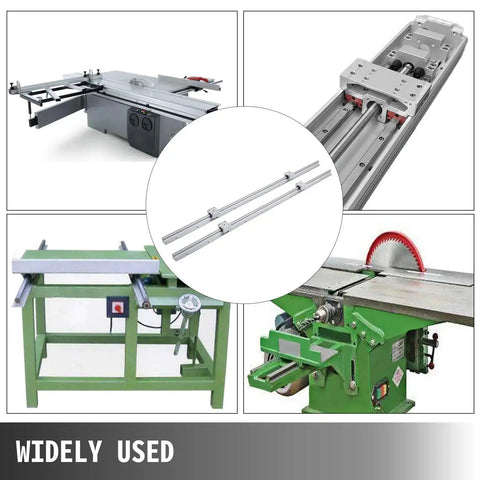 Collage of Two Pack SBR12 1000mm Linear Rail Kit with Four Carriage Blocks for CNC Machines shown in different installations.