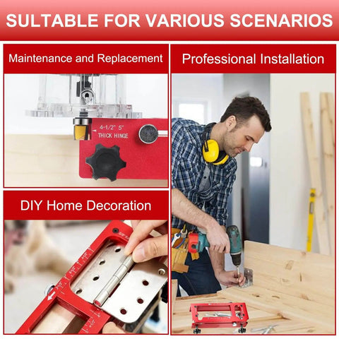 Pro Grade Aluminum Door Hinge Jig With Scale for Router Templates shown in various installation scenarios