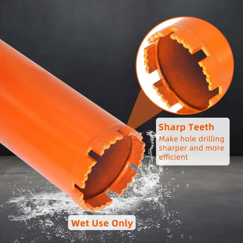 Close-up of a Three Inch Heavy Duty Wet Diamond Core Drill Bit For Concrete And Hard Masonry with sharp teeth visible.
