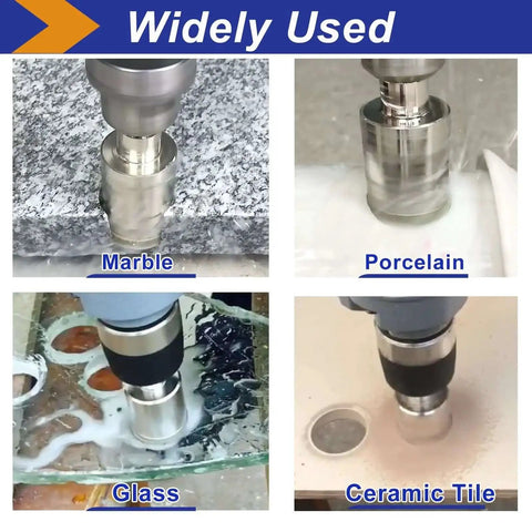 1 Inch Diamond Hole Saw With Pilot Bit For Tile Marble Granite Ceramics And Porcelain Tiles Deep Cut One And A Half Inch Depth Center Drill Bit Triangular Shank Kit in use on marble, porcelain, glass, and ceramic tile surfaces