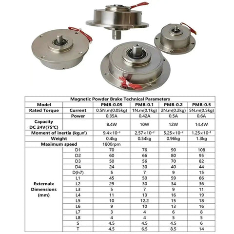 Micro Magnetic Powder Brake Tension Controller Kit With Powder Clutch And Particle Brake shown with technical parameters