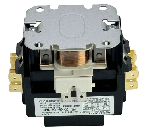 Compact 208V-240V 40A DPST Contactor For HVAC And Commercial Appliances, front view of relay unit with metal and plastic components.