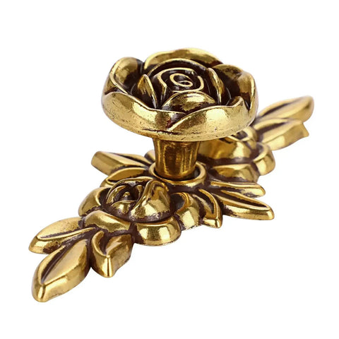 Antique brass rose-shaped Euro Rose Floral Ivory Cabinet Knobs with backplates for dressers, set of 5 drawer pulls for vintage decor.