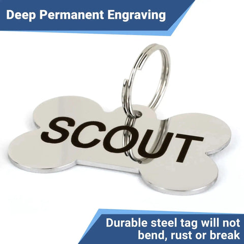 Stainless Steel Pet ID Tags With Custom Engraving On Both Sides Durable Dog And Cat Tags in bone shape, laser engraved 'SCOUT'