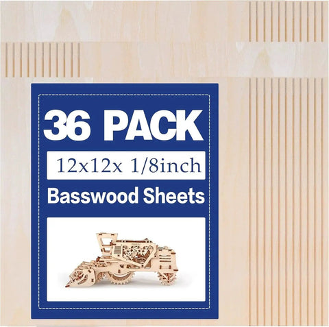 36 Pack Basswood Sheets 12x12 Inch One Eighth Inch Thick For Laser Cutting And Crafts packaging with model