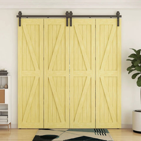66 Inch Bi Folding Sliding Barn Door Hardware Kit With Five And A Half Foot Heavy Duty Track And Rollers For Up To Four Fifteen Inch Wide Doors Smooth Quiet Operation Easy Install Black Finish No Door Panel Included Ready To Roll installed view.