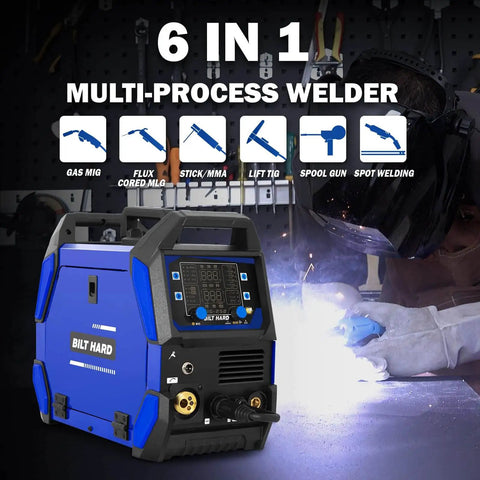 Six In One 250 Amp MIG Welder Workhorse For Aluminum And Steel Dual Voltage 110 And 220 Volt Portable Welding Machine displayed
