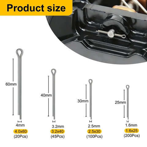 Workhorse 365 Piece Stainless Steel Cotter Pin Assortment Kit With Four Sizes diagram showing pin dimensions and components.