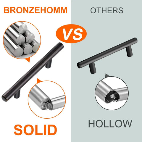 Comparison between solid and hollow cabinet pulls, highlighting 30 Pack Solid Stainless Steel Cabinet Handles and Drawer Pulls With Oil Rubbed Bronze Finish 5.38 Inch Length 136mm 3 Inch Center to Center 1/2 Inch Diameter For Kitchen Cabinets and Furniture.