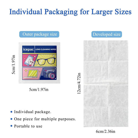 Illustration of Lens Wipes For Glasses And Sunglasses 300 Count Individually Wrapped showing package and unfolded wipe dimensions.