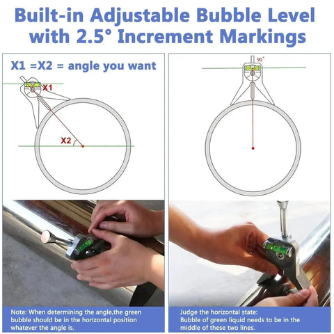 Diagram showing Pipe Center Finder For Pipefitter Tools with adjustable dial bubble protractor used on pipe.