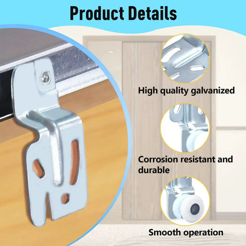 Closet Sliding Door Roller Kit For Top Hung Doors, Fits Three Quarter Inch To One And Three Eighths Inch Thick Panels, Includes Eight Screws, Made From Galvanized Steel For Corrosion Resistant Durability, Seven Eighths Inch Roller Diameter showing product details and features.