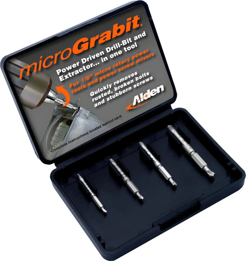 Grabit Micro 4 Piece Bolt And Screw Extractor Kit For Tiny Stripped Fasteners Ideal For PC Mac Electronics And Precision Repairs Pentalobe Compatible For Apple Devices And RC Models Made In The USA Alden in a black case, showing four extractors.