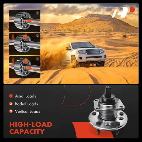2-Pack Rear Wheel Bearing and Hub Assembly with ABS & 5-Lug, Sealed Ball Bearing Rear Hub Replacement displayed with load capacity diagram