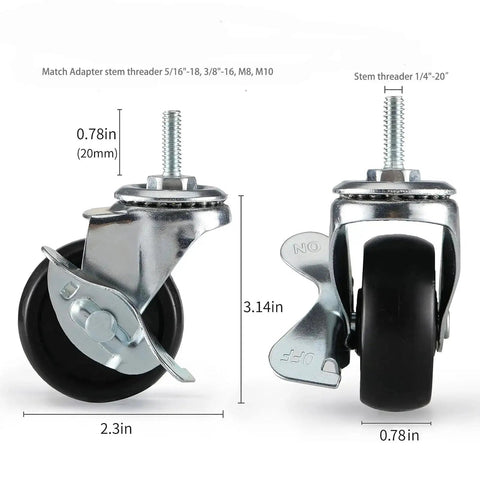 Heavy Duty Casters Set Of 4 With 1/4-20 Thread For Wire Shelving Racks Carts And Furniture, Includes Optional Adapters 5/16-18 3/8-16 M8 M10, Dual Locking 2-Inch Swivel Wheels For Secure Positioning And Smooth Mobility, side view showing dimensions and adapters.
