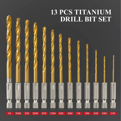 13 Piece HSS Drill Bit Set With Titanium Coating For Metal Wood Plastic, Quick Change Design, Includes One Sixteenth To One Quarter Inch Bits