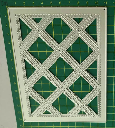 Close-up of metal stencil embossing template, diamond pattern for 3D Floral Background Frame Cutting Dies Set, carbon steel material.