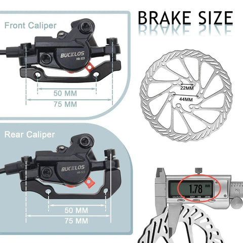 Bucklos HB-323 hydraulic disc brake set with front and rear calipers, 160mm rotors, aluminum levers.