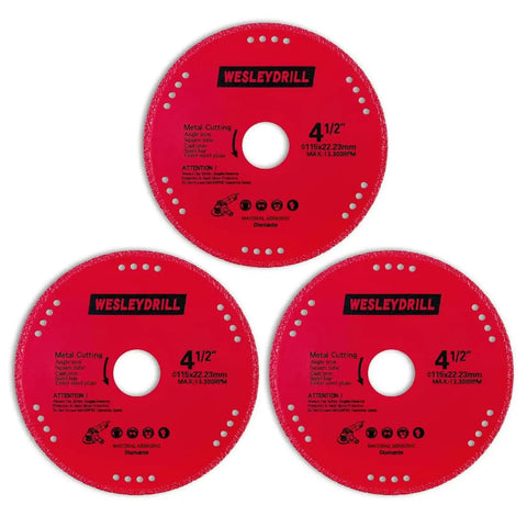 3 Pack 4.5 Inch Diamond Cutting Off Wheels Set For Seven Eighths Inch Arbor, shown in a red design with branding, heavy duty use