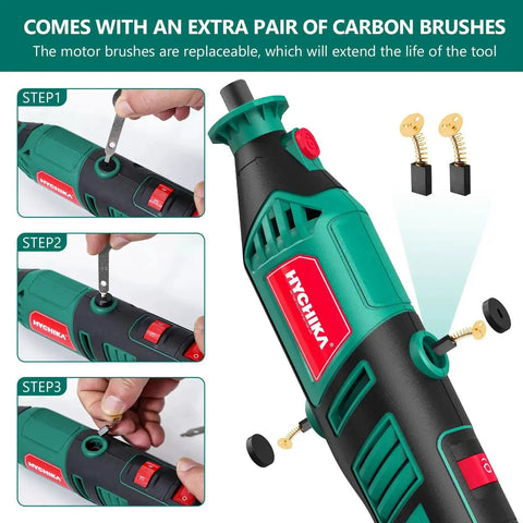 Do-It-All 180W Rotary Tool Kit With Flex Shaft, showing carbon brush replacement steps