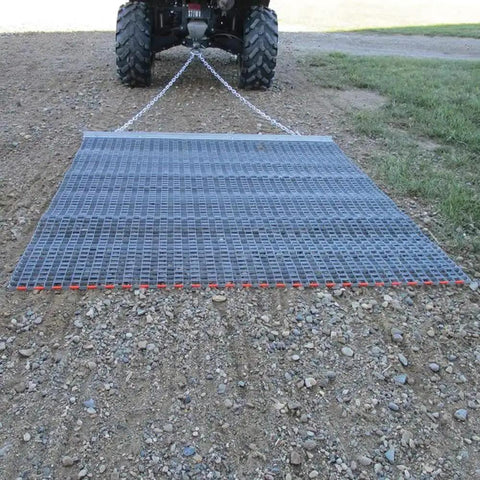 Ultra Heavy Duty ATV UTV Field Surface Leveling Drag Mat with zinc and steel build in use, showing galvanized mesh for yard work.