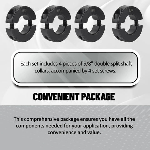 Image of four 5/8 inch bore double split shaft collars with screws. Four Pack Black Five Eighth Inch Bore Double Split Clamp On Shaft Collars Screw Set For Automotive And Industrial Use Durable Carbon Steel Construction With One And Five Sixteenths Inch Outer Diameter And Seven Sixteenths Inch Width.