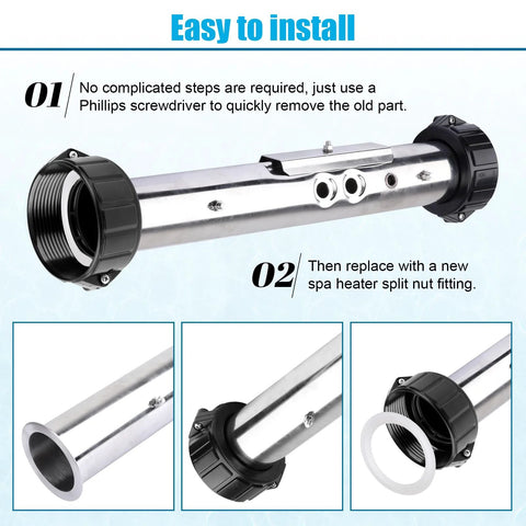 Two-pack 2-inch spa heater split nut unions with screws and gasket; stainless steel tube with black plastic end fittings